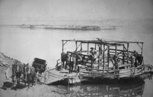A two-horse-power ferry provided passage across the Columbia River at White Bluffs.